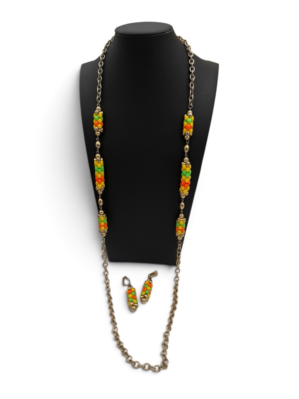 Sarah Coventry Carousel Set: Multi-Color Long Necklace & Clip-On Earrings Set
